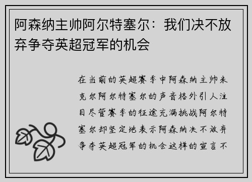 阿森纳主帅阿尔特塞尔：我们决不放弃争夺英超冠军的机会
