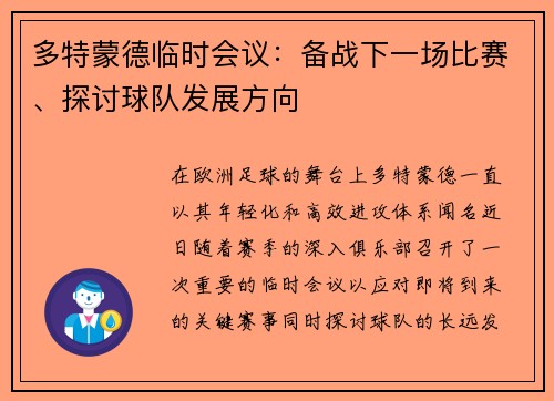 多特蒙德临时会议：备战下一场比赛、探讨球队发展方向