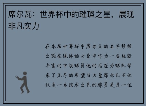 席尔瓦：世界杯中的璀璨之星，展现非凡实力