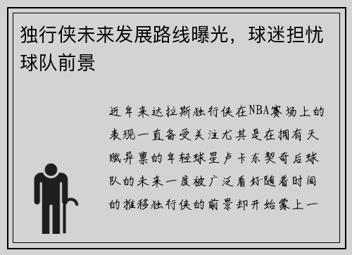 独行侠未来发展路线曝光，球迷担忧球队前景